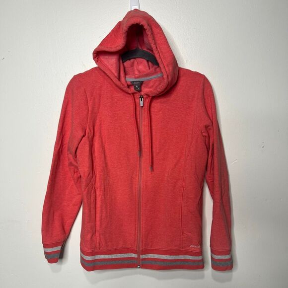 Eddie Bauer Coral Pink Orange Gray Stripe Zip Up Hoodie Sweatshirt Sz M - Picture 1 of 10